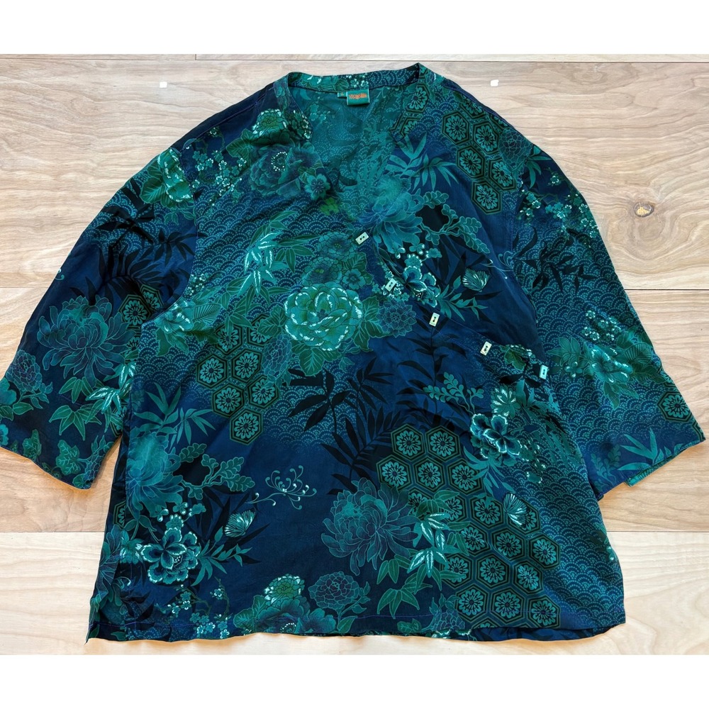 Tianello Womens Rayon Asian Floral Print Asymmetrical Button Blouse Green large